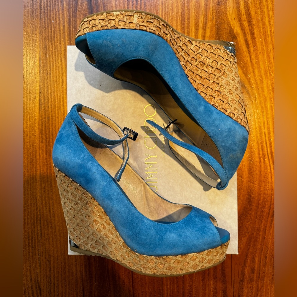 Jimmy Choo Robot Blue Suede Wedges (Size 38.5)